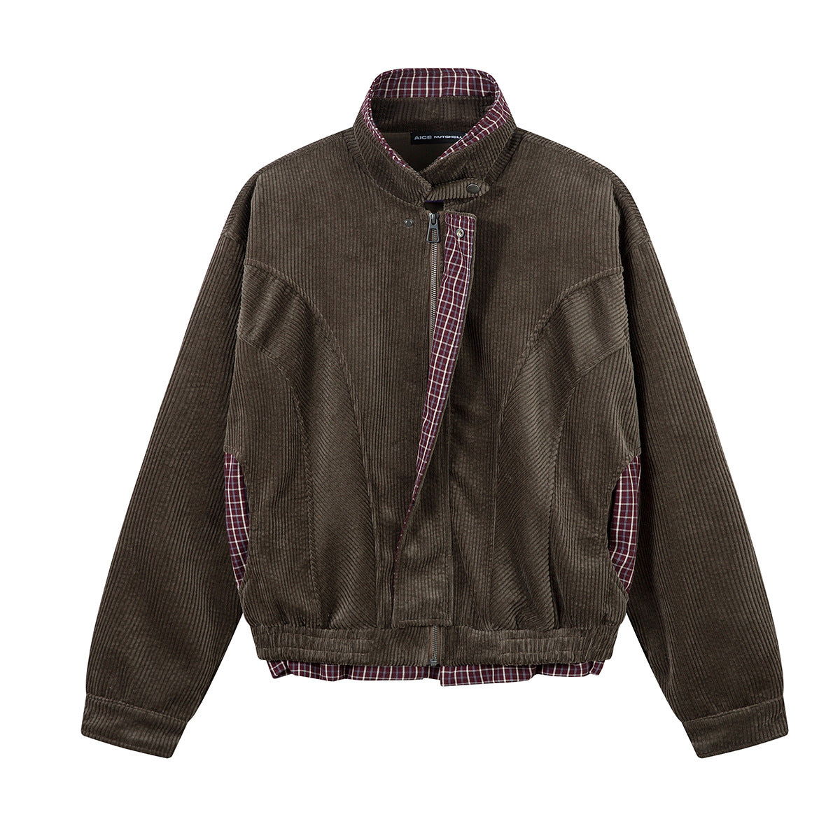 Men's oversized corduroy boxy jacket with plaid contrast lining at collar and hem in coffee brown
