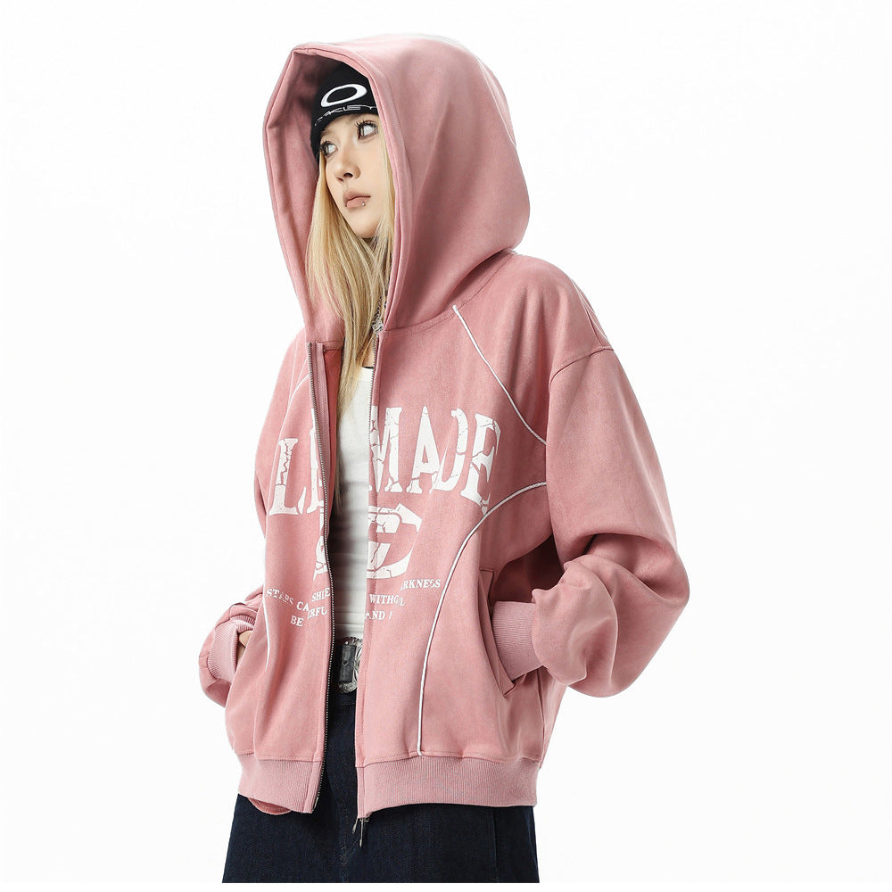 GLFSMADE Letter Print Zip-Up Hoodie – Double-Zip Oversized Streetwear Jacket