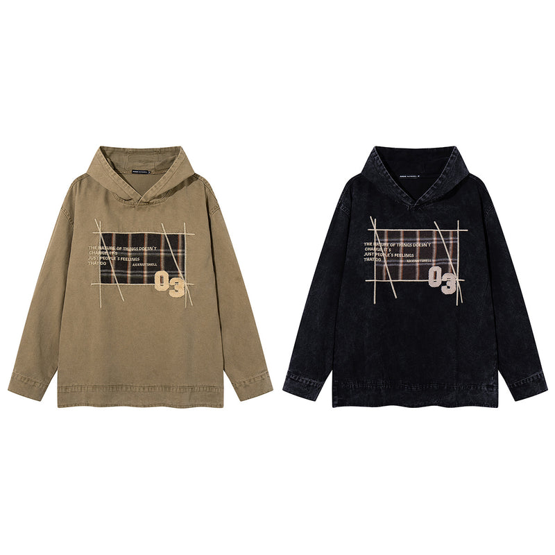 チェック柄パッチ刺繍フーディー ― アシッドウォッシュ vintageストリートウェアプルオーバー