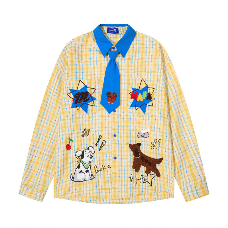 Men's yellow plaid long sleeve shirt with cartoon dog embroidery, blue contrast collar, and attached blue necktie, front and