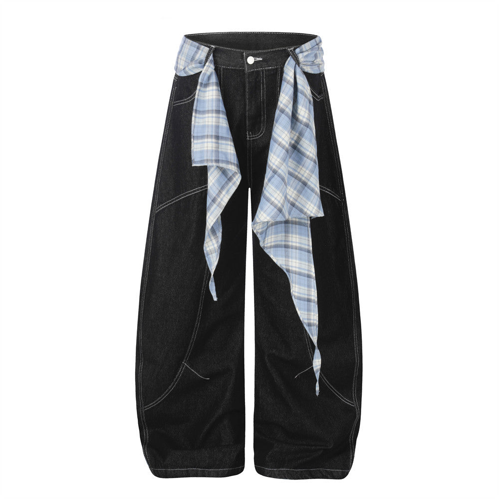 Wide Leg Black Jeans with Detachable Plaid Sash Belt