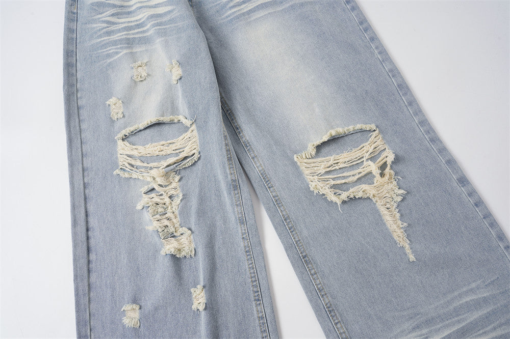 Men's Distressed Wide-Leg Baggy Jeans – Light Wash Vintage Punk Style