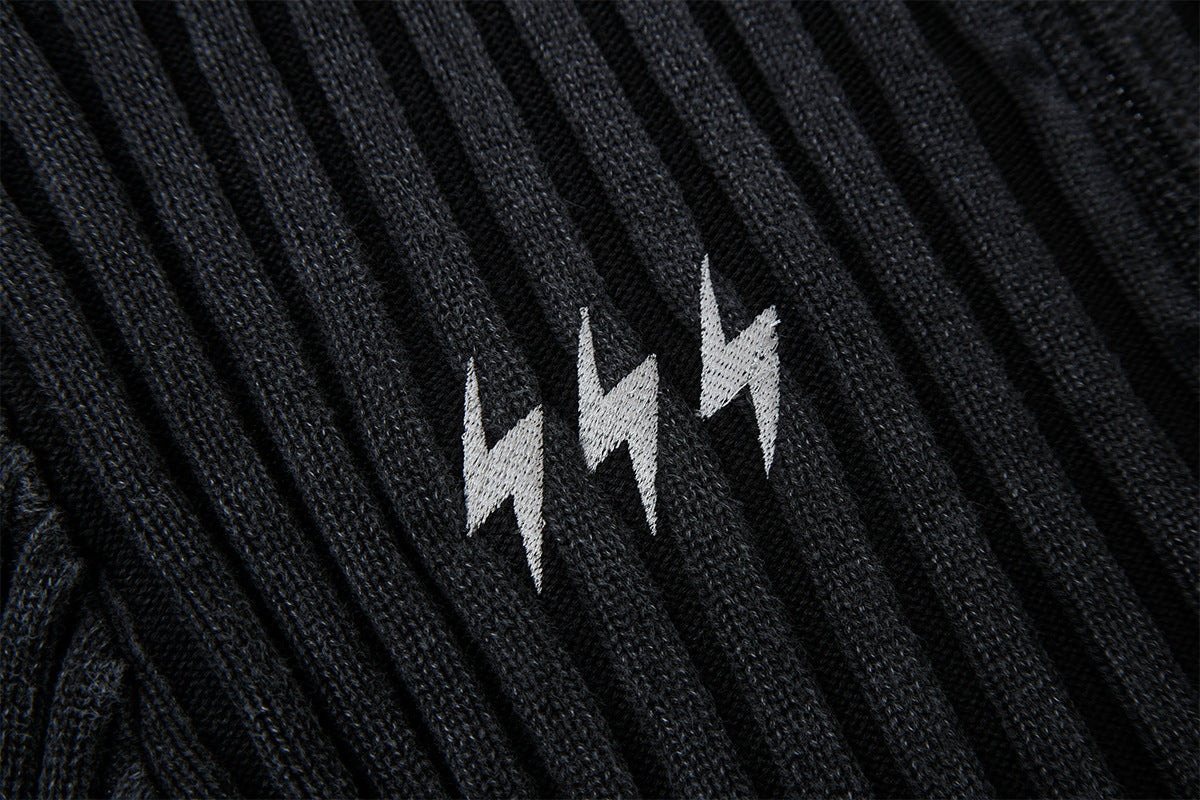 Ribbed Knit Mock-Neck Full-Zip Cardigan Sweater with Lightning Bolt Embroidery