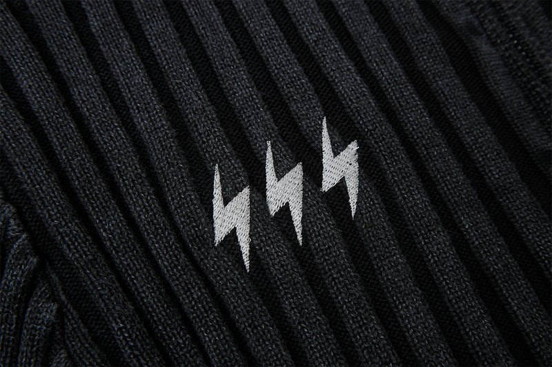Ribbed Knit Mock-Neck Full-Zip Cardigan Sweater with Lightning Bolt Embroidery