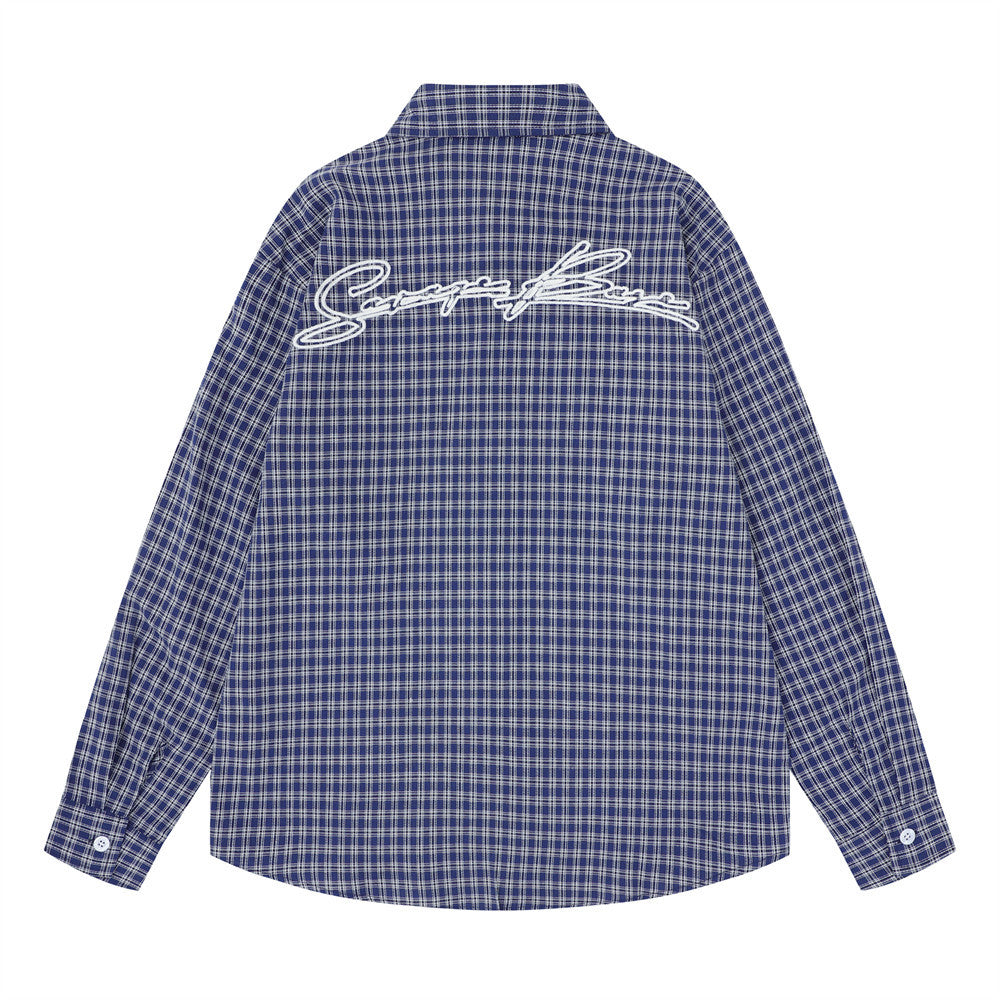 Men's Plaid Long Sleeve Shirt with Rope Loop Embroidery — Relaxed Fit
