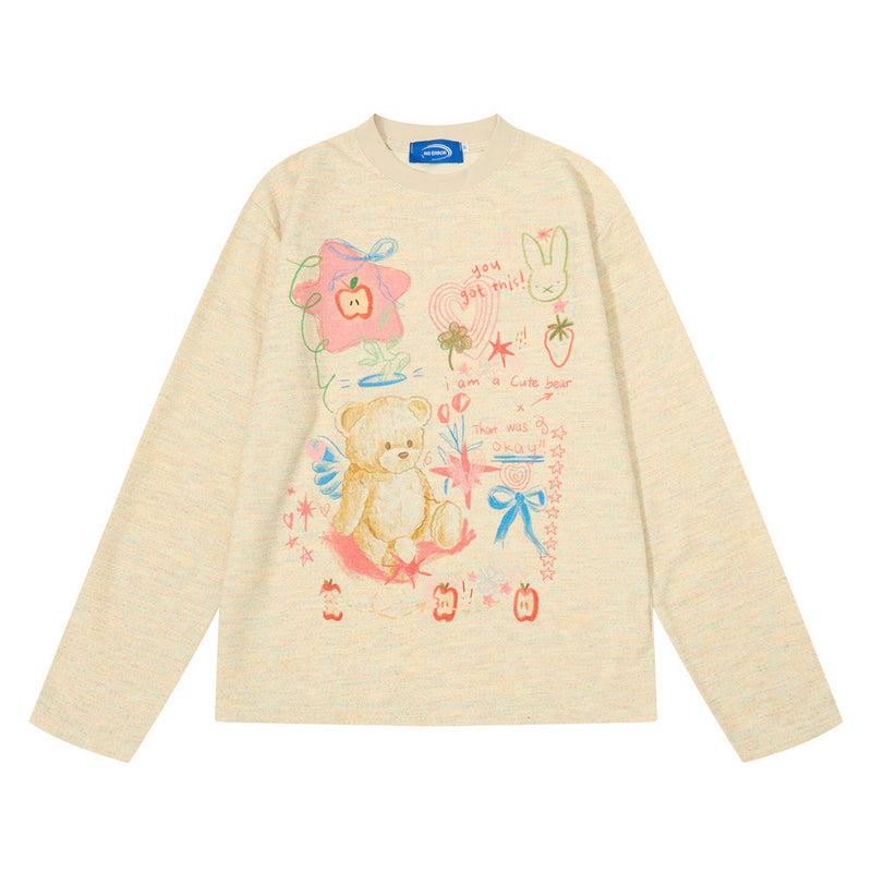 Graphic Oversized Long Sleeve T-Shirt – Cute Bear & Doodle Print