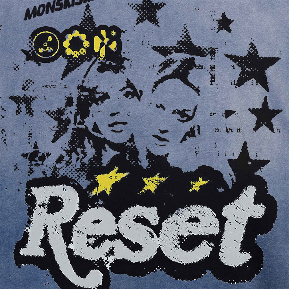 Tee-shirt graphique vintage délavé à l’acide – Imprimé étoiles Reset, coupe oversize