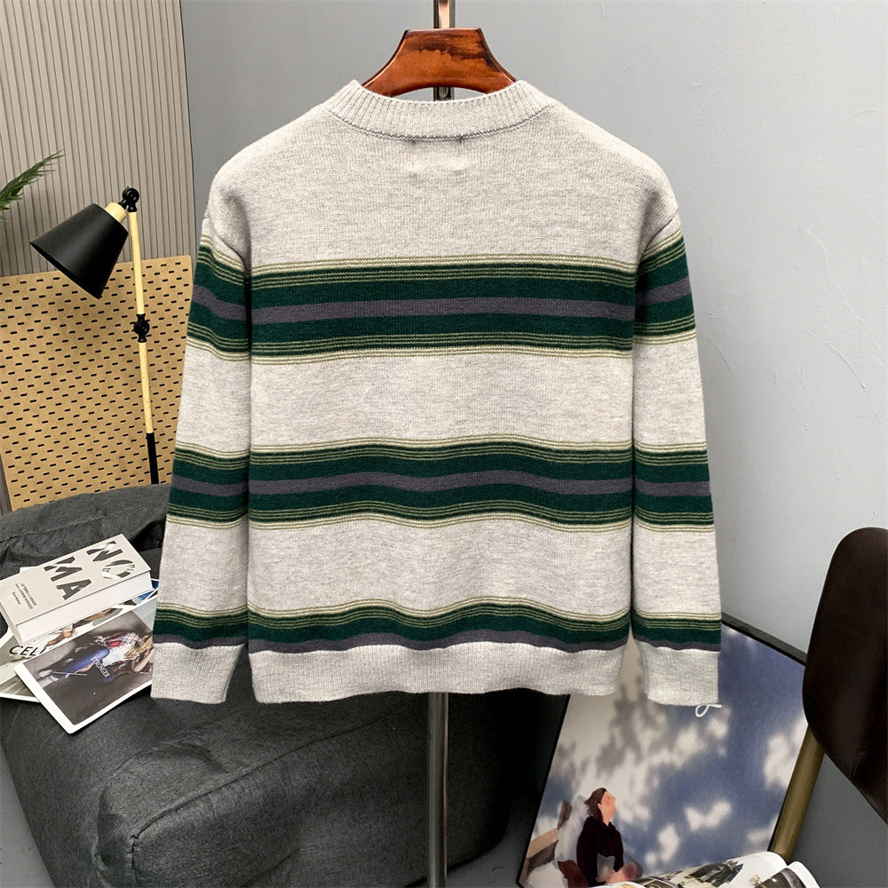Striped Crew Neck Sweater – Relaxed Fit Color-Block Knit Pullover