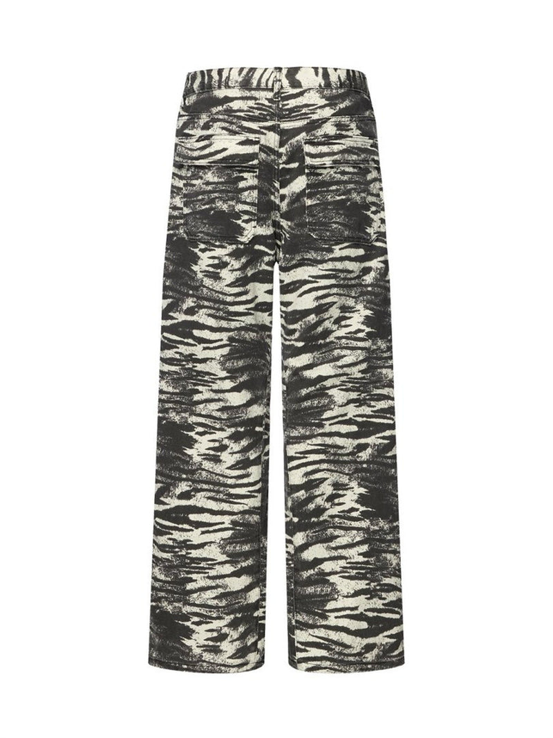 Zebra Print Wide-Leg Jeans – Men's Straight Fit Punk Street Style Denim Pants