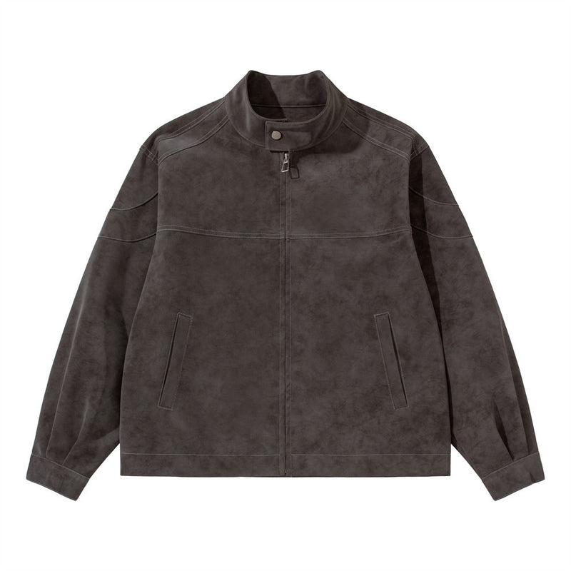 Men's Moto-Style Stand Collar PU Suede Jacket – Oversized Fit