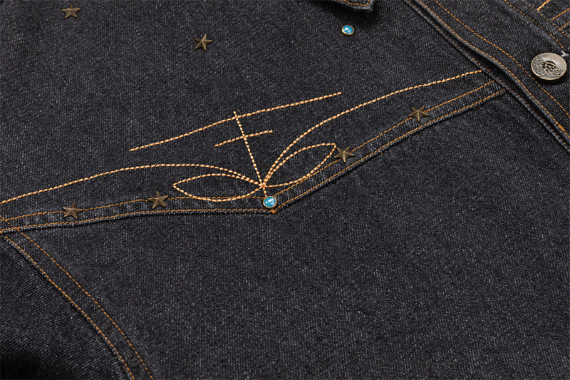 Black Denim Jacket with Embroidered Stitch Detail and Studded Accents