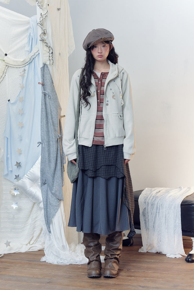 Celestial Moon & Star Embroidered Zip-Up Hoodie Jacket with Hanging Charms