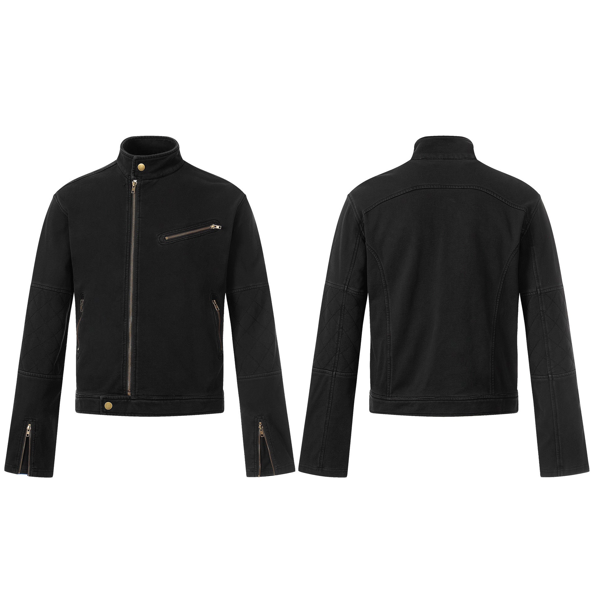 Schwarze, verwaschene und distressed Moto-Jacke mit Reißverschluss, goldfarbenen Beschlägen, Stehkragen und gesteppten Ellenbogenpartien – Vorder- und Rückansicht