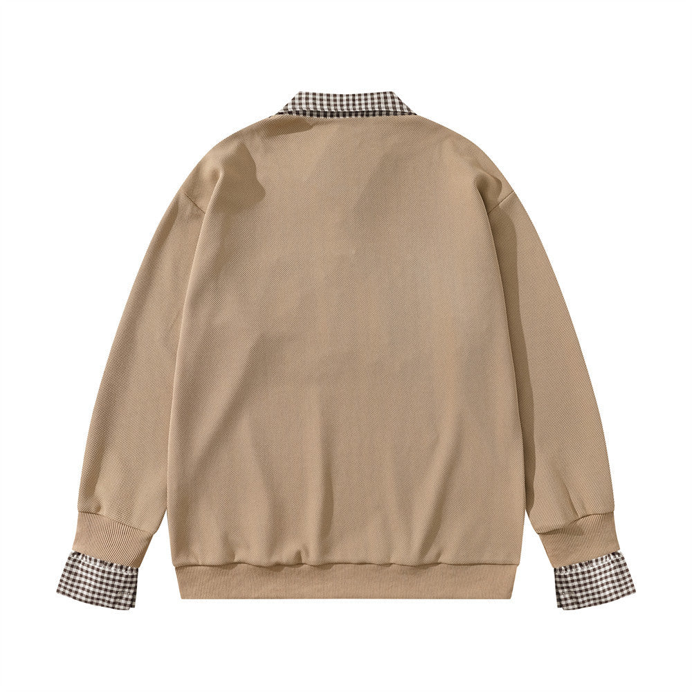 Plaid Collar Cat Embroidery Sweatshirt – Faux Two-Piece Button Polo Men's Top