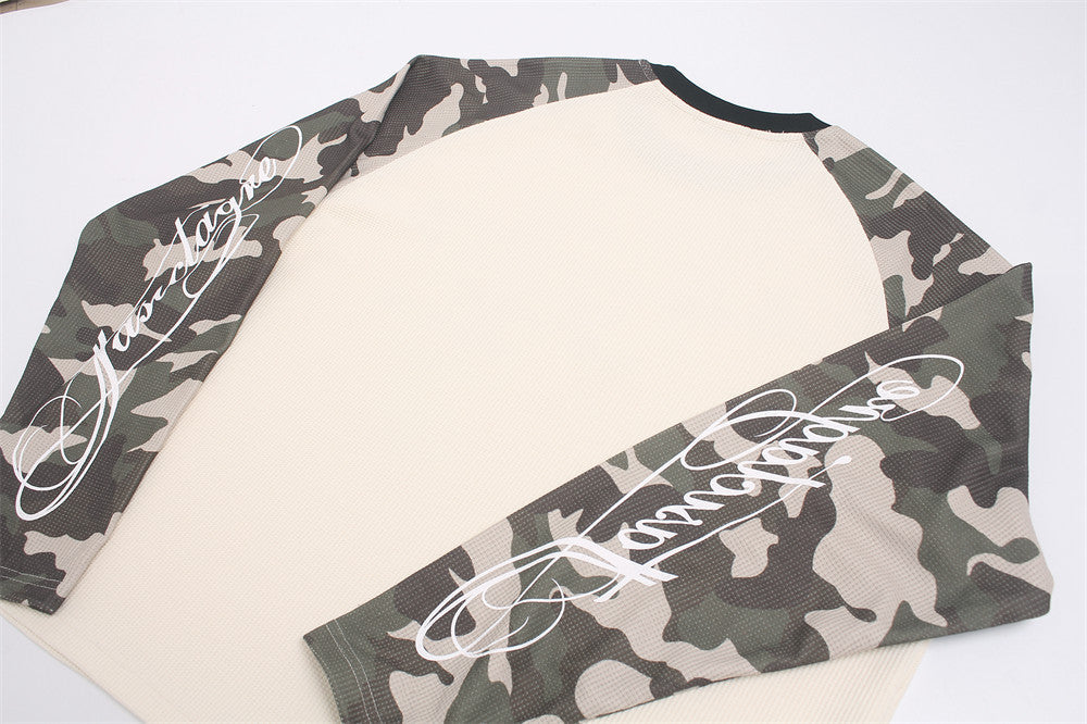 Long Sleeve Waffle Knit Shirt – Camo Raglan Sleeves & Graphic Print