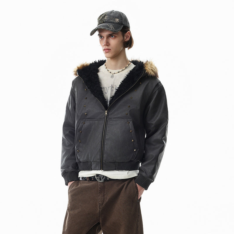 Punk Fur-Collar Studded PU Leather Hooded Bomber Jacket
