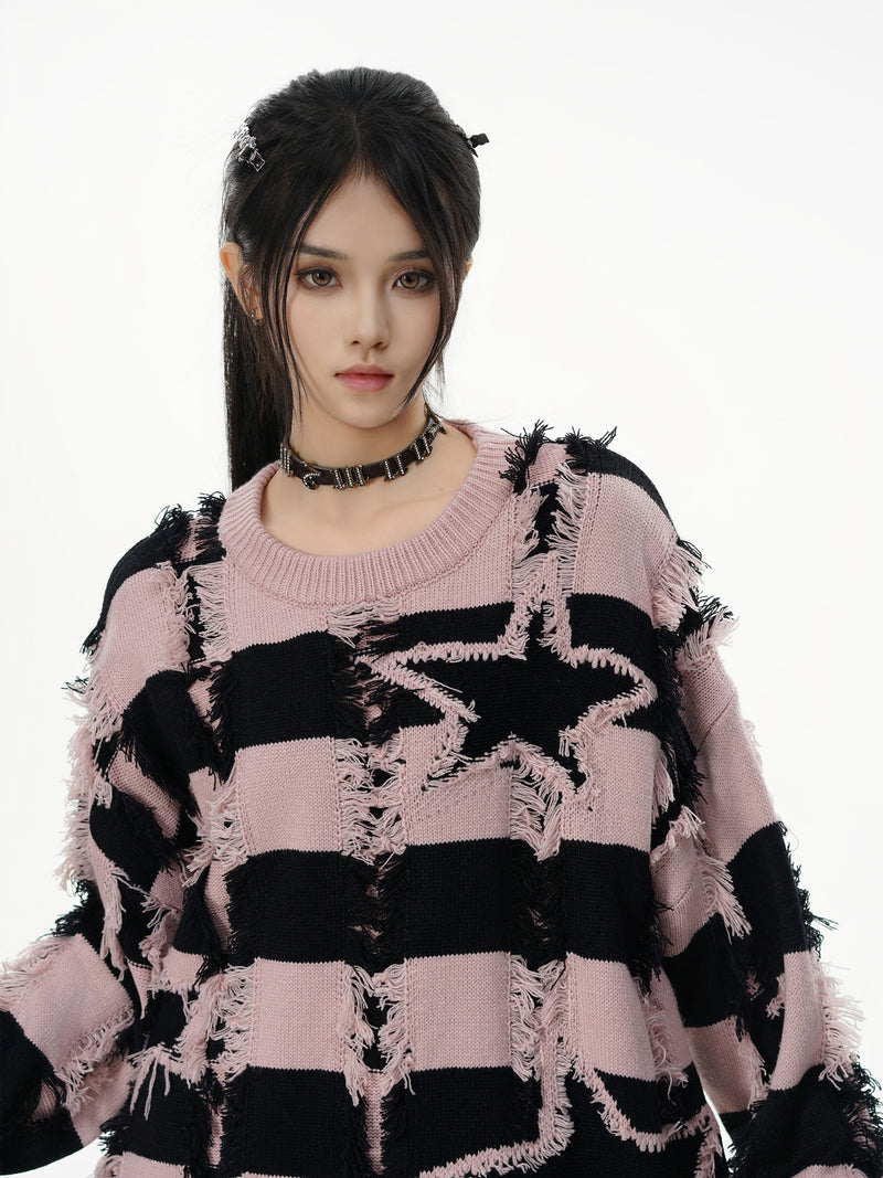Pull oversize en maille rayée à étoiles délavée – Col rond à franges
