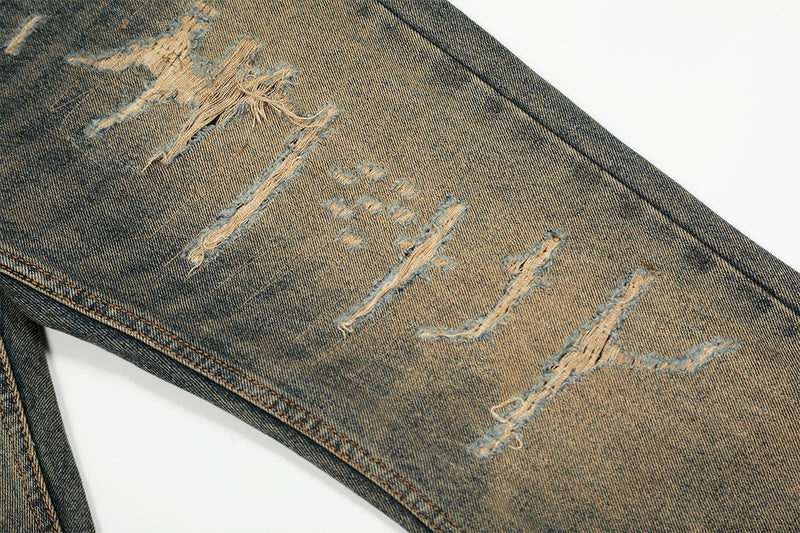 Distressed Straight-Leg-Jeans – Vintage-Washed-Ripped-Denim mit Dirty-Dye