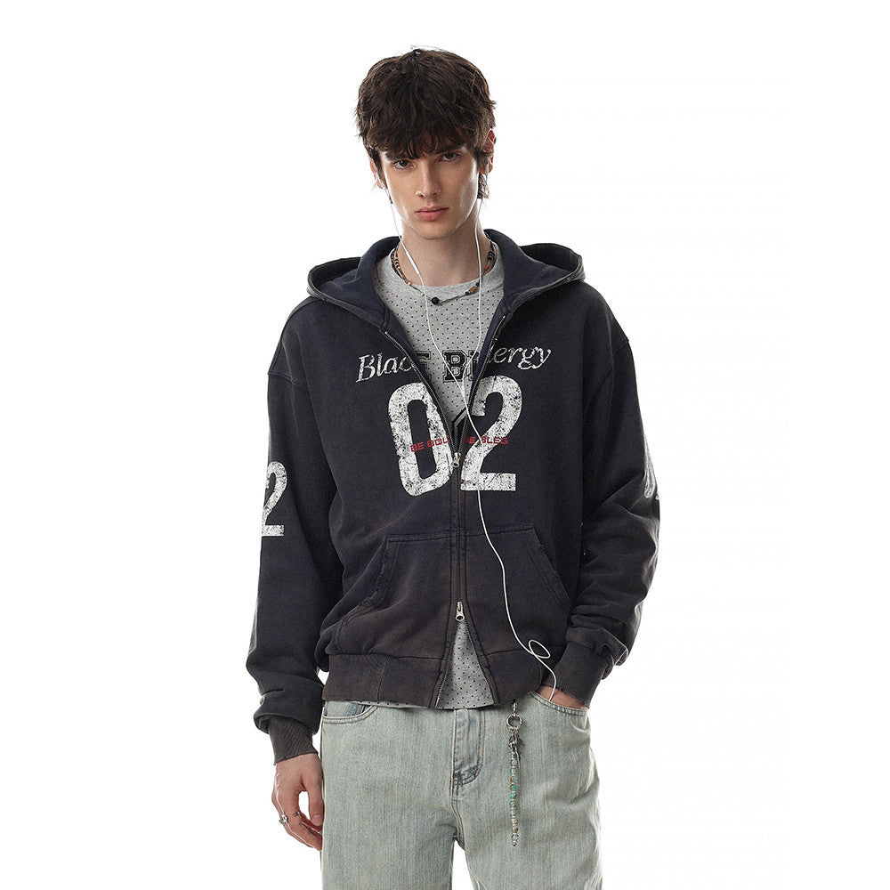 Men's oversized zip up hoodie with distressed Black Energy 02 graphic print and dual-pull zipper in washed black