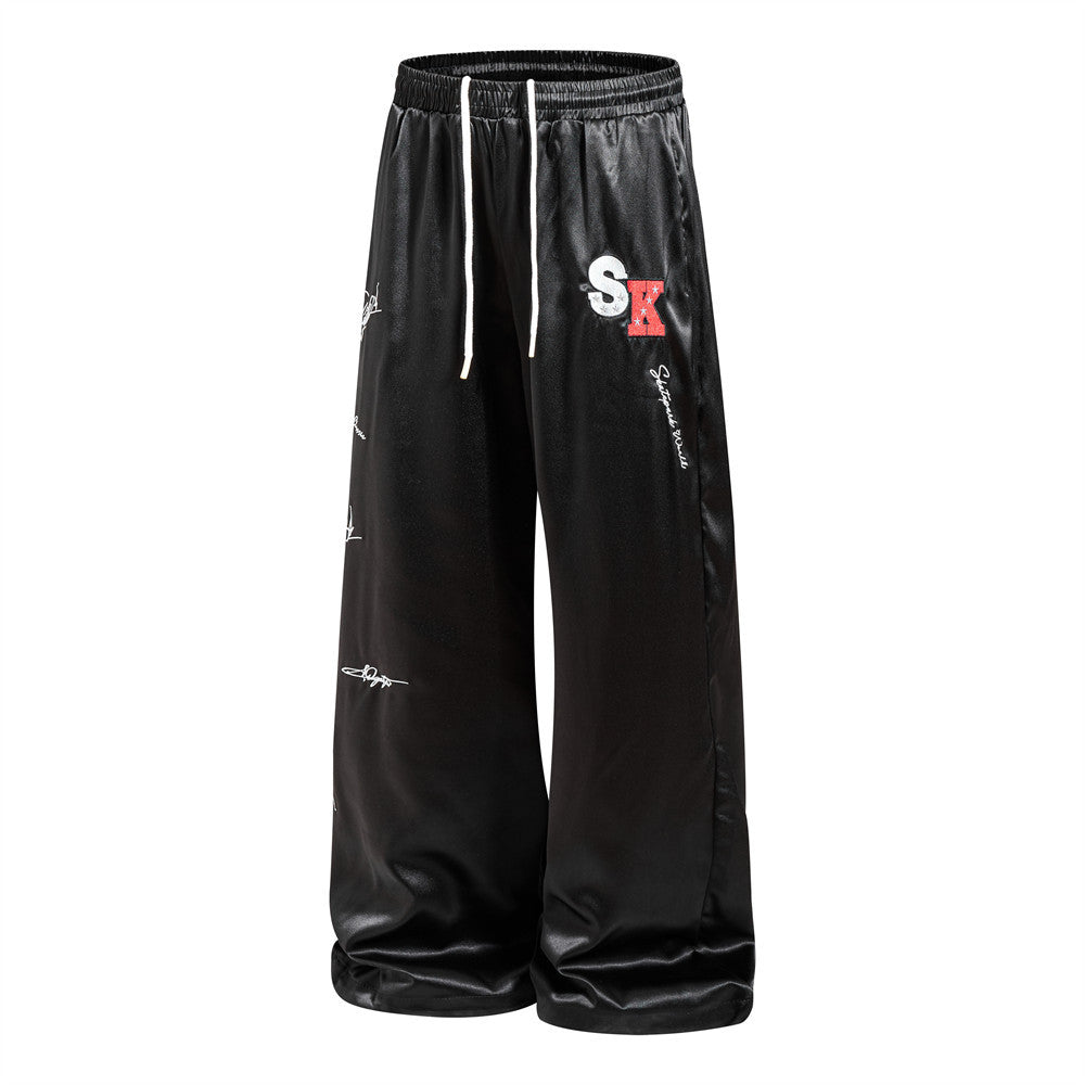 Wide Leg Satin Pants – Signature Print, Elastic Drawstring Waist