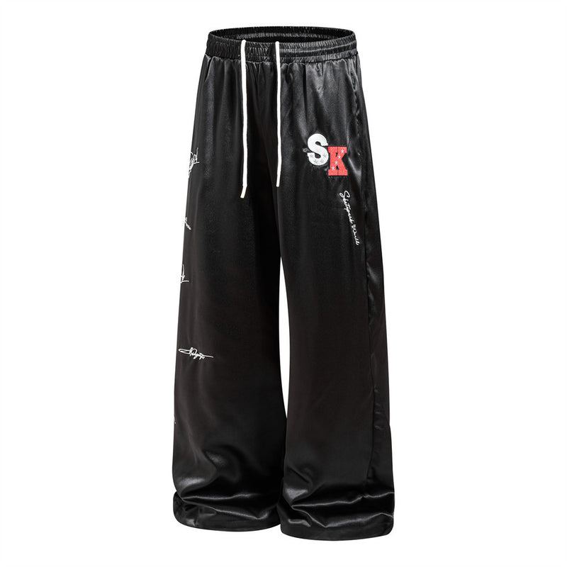Wide Leg Satin Pants – Signature Print, Elastic Drawstring Waist