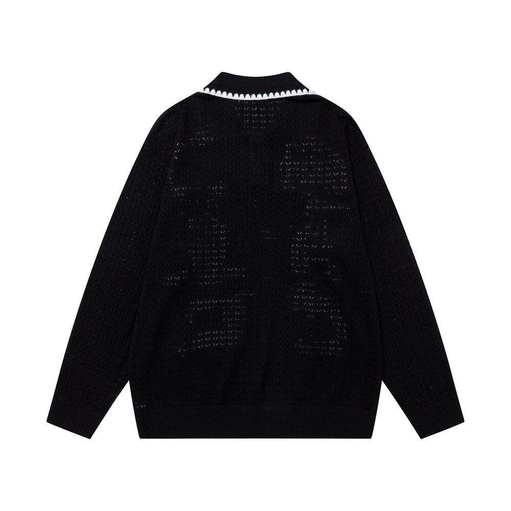 Jersey de Punto Jacquard con Perros Cartoon – Oversize, Cuello Polo y Manga Larga