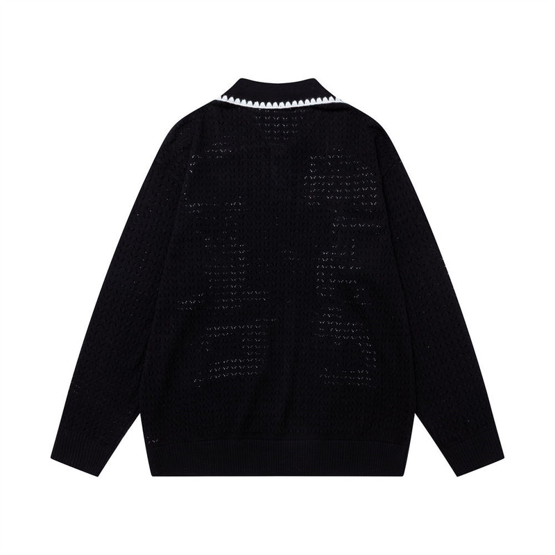 Jersey de Punto Jacquard con Perros Cartoon – Oversize, Cuello Polo y Manga Larga