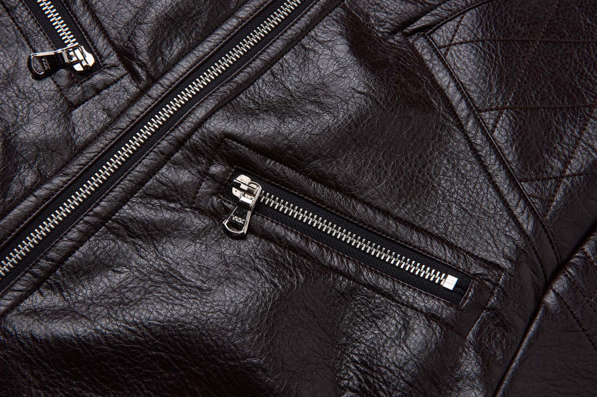 Faux Leather Moto Biker Jacket – Stand Collar with Zip Pockets