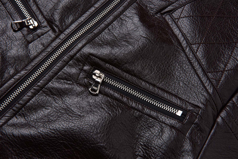 Faux Leather Moto Biker Jacket – Stand Collar with Zip Pockets