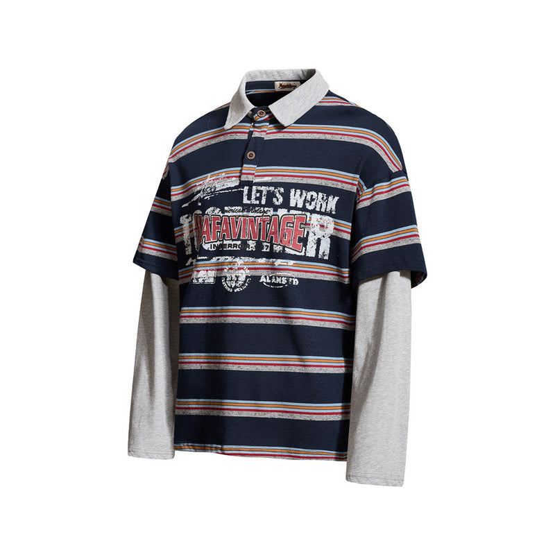 Striped Faux Two-Piece Long Sleeve Polo Shirt – Relaxed Fit with Layered Look