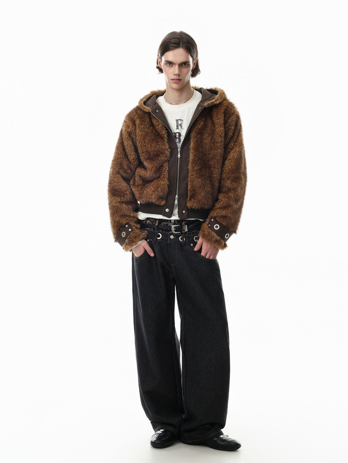 Faux Fur Hooded Bomber Jacket – Brown Oversized Winter Coat with Grommet Cuffs