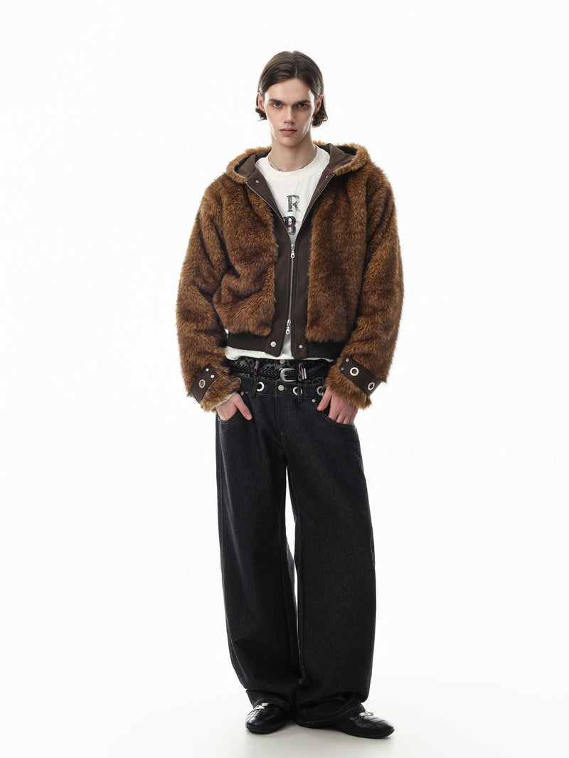 Faux Fur Hooded Bomber Jacket – Brown Oversized Winter Coat with Grommet Cuffs