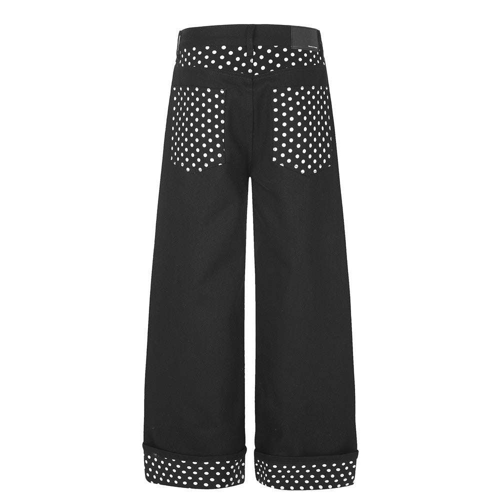 Pantalon à jambes larges avec poches contrastantes à pois et revers aux ourlets