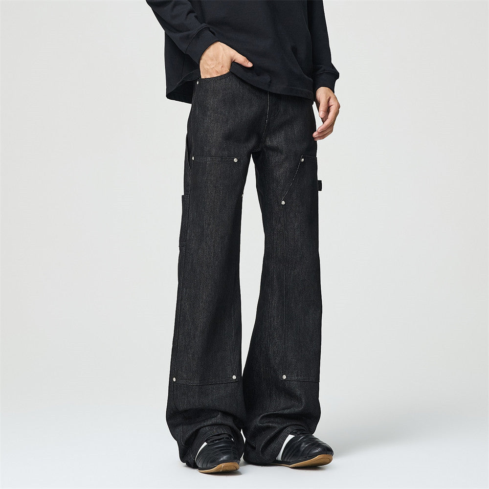 Black Baggy Flare Cargo Jeans – Wide Leg Denim with Rivet & Patch Detail