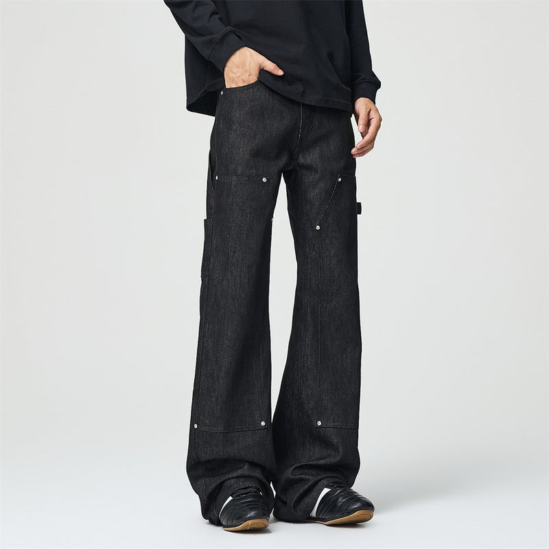Black Baggy Flare Cargo Jeans – Wide Leg Denim with Rivet & Patch Detail
