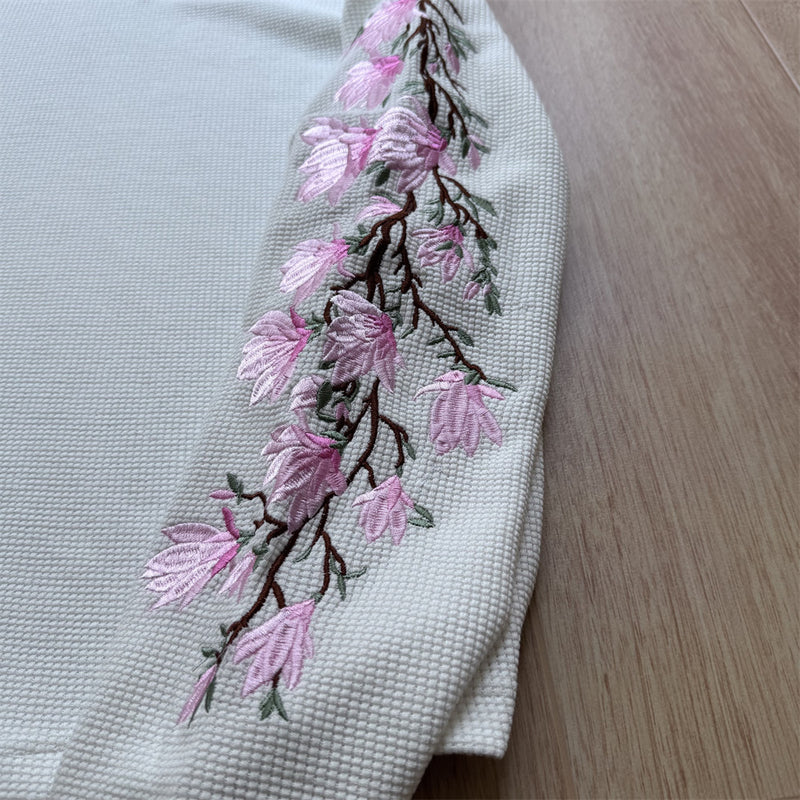 Mens Embroidered T Shirt – Floral Cherry Blossom Long Sleeve Crew Neck