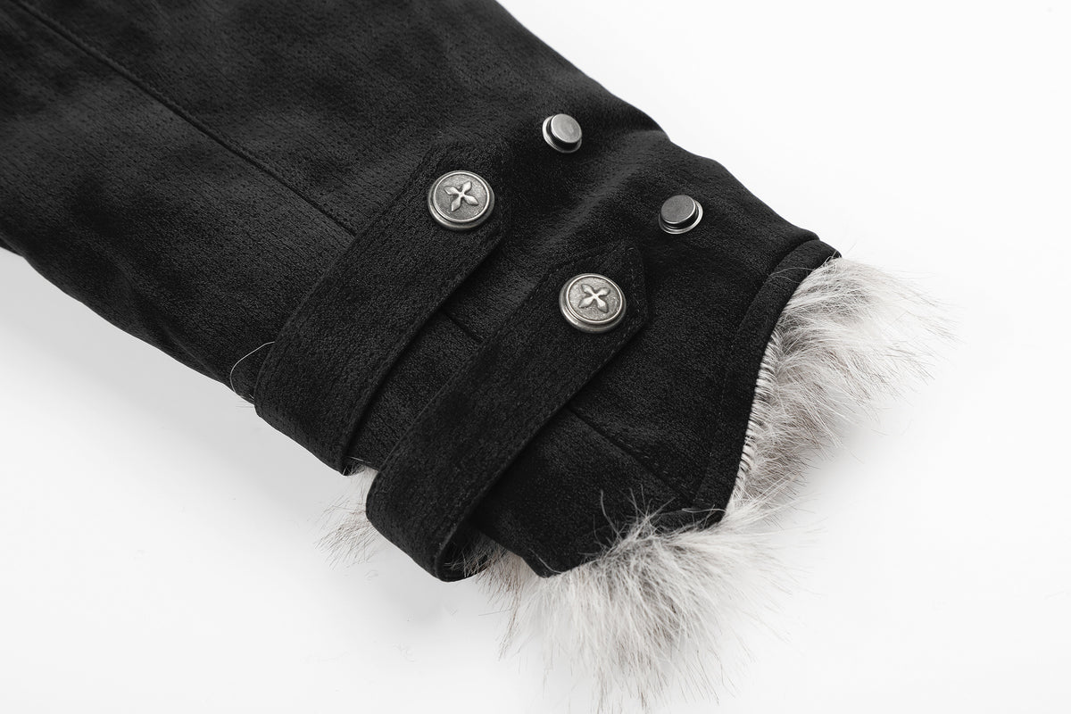 Schwarze Bomberjacke mit Wildlederoptik, Kunstpelzkragen und Wattierung im Biker-Stil