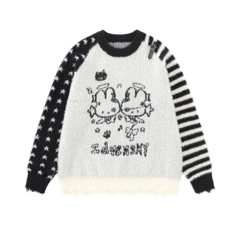Cartoon Rabbit Angel Knit Sweater – Mixed Star & Stripe Fuzzy Pullover with