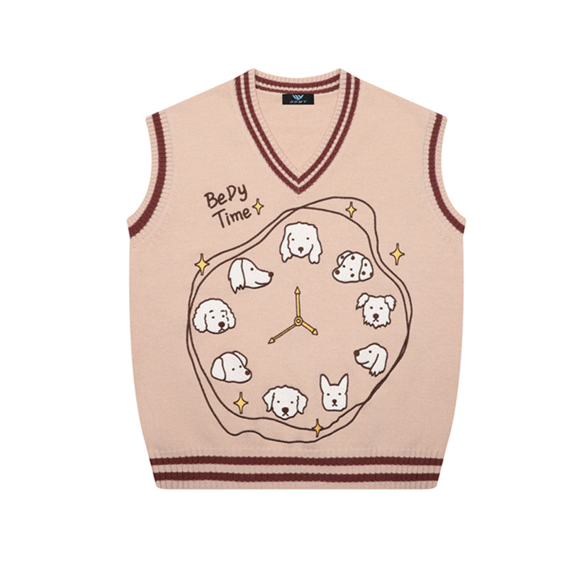 V-Neck Sweater Vests – Cute Dog Clock Jacquard Knit Preppy Style