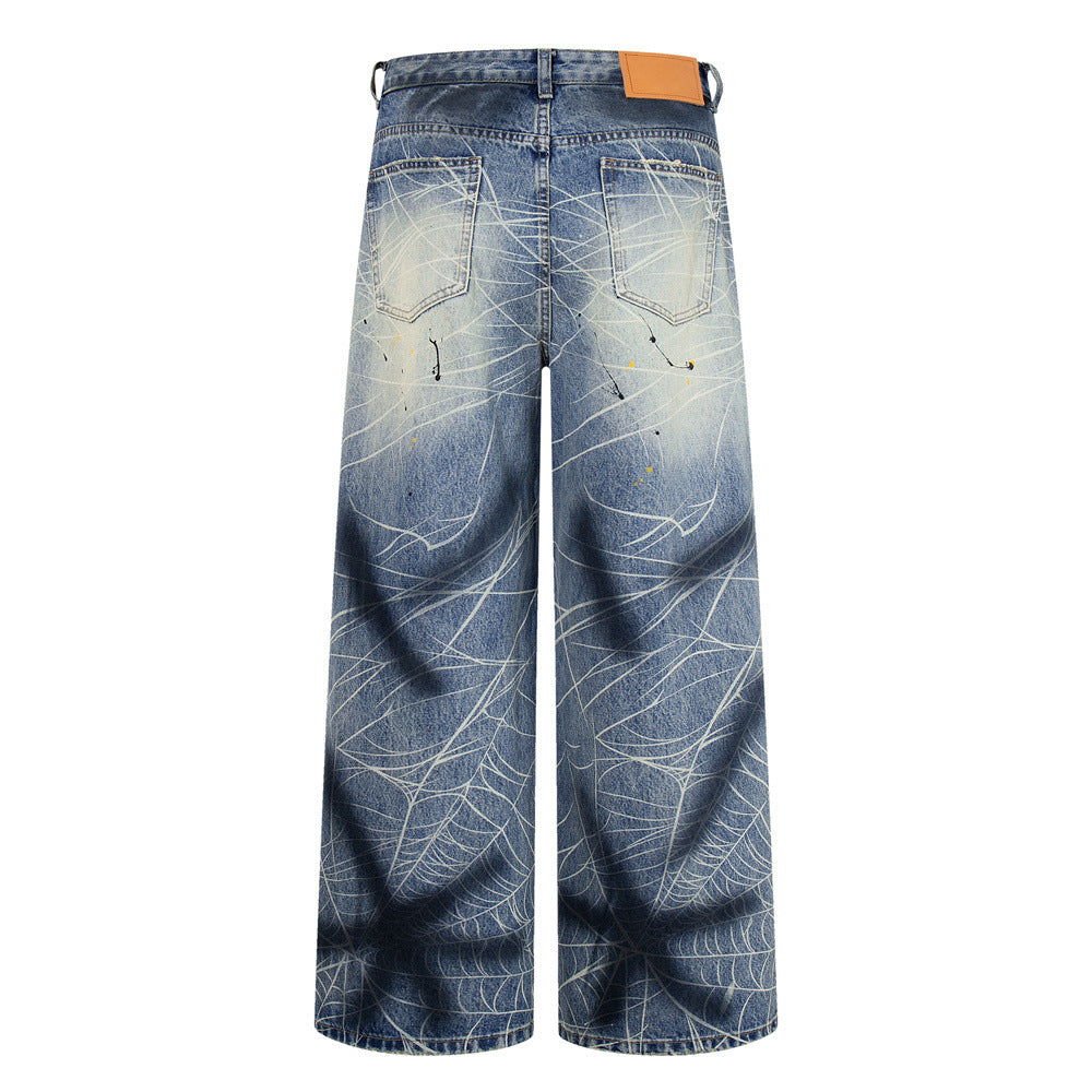 Wide-Leg Jeans with Paint Splatter & Distressed Scratch Print — Grunge Baggy Fit