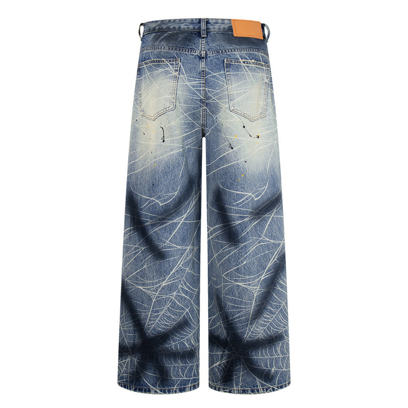 Wide-Leg Jeans with Paint Splatter & Distressed Scratch Print — Grunge Baggy Fit