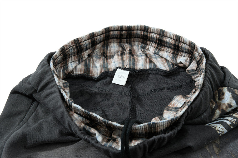 Faux Two-Piece Plaid Waistband Wide Leg Sweatpants with Leopard Print