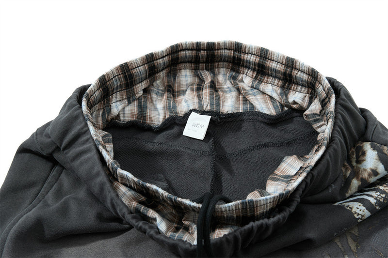 Faux Two-Piece Plaid Waistband Wide Leg Sweatpants with Leopard Print