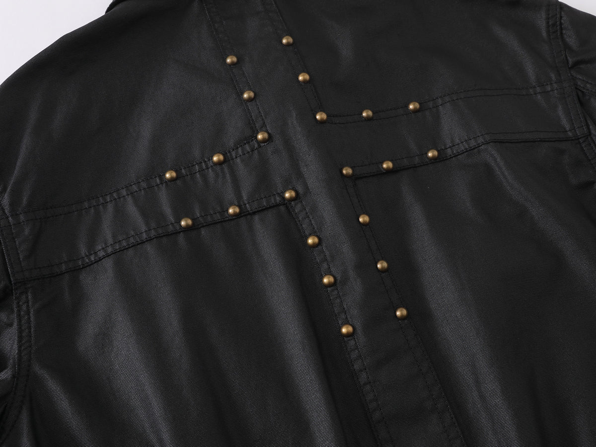 Wax-Coated Denim Jacket – Boxy Fit with Gold Stud Cross Back Detail