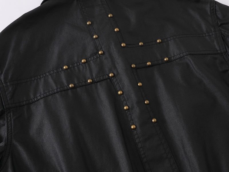 Wax-Coated Denim Jacket – Boxy Fit with Gold Stud Cross Back Detail