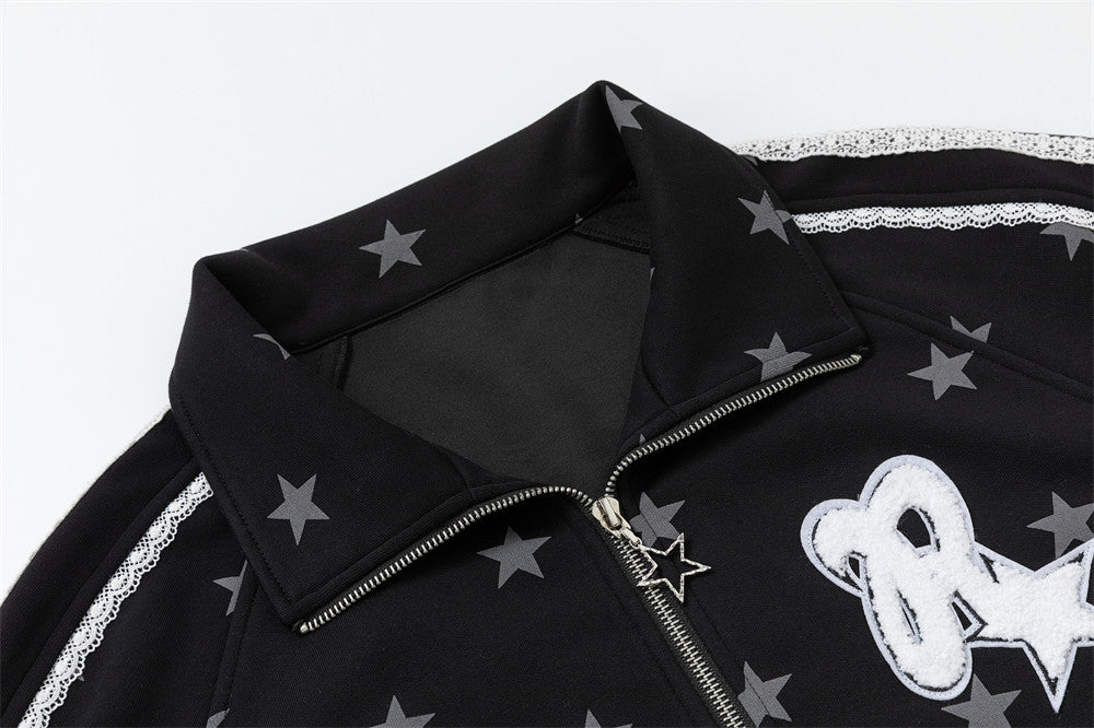 Star Print Zip-Up Track Jacket – Black Allover Star Streetwear Bomber