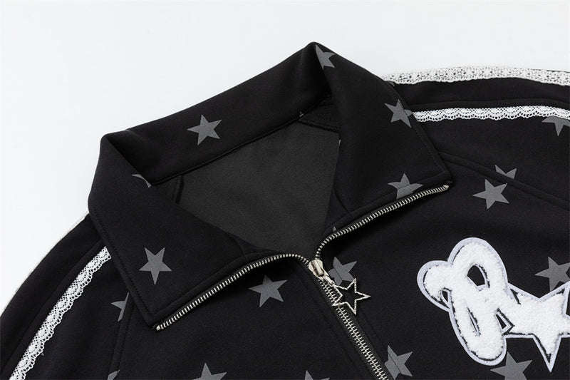 Star Print Zip-Up Track Jacket – Black Allover Star Streetwear Bomber