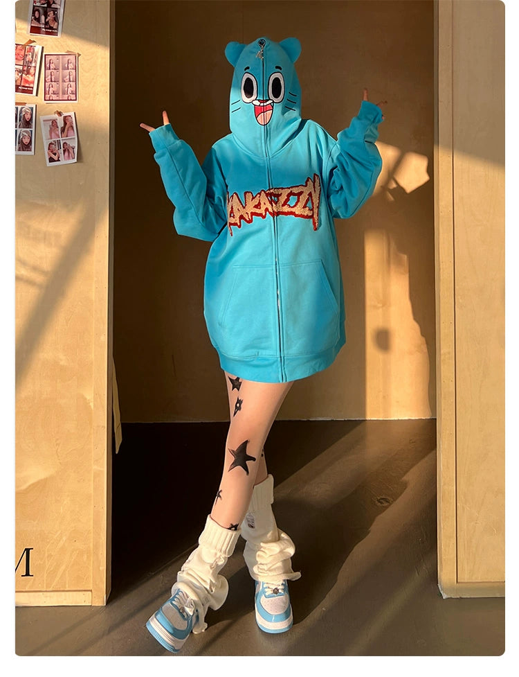 Adorable Blue Cartoon Hoodie - 400GSM Cotton with Playful Face Design