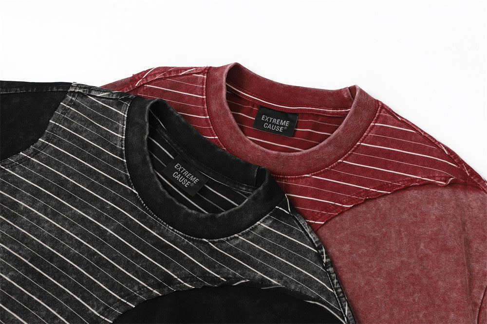 Irregular Patchwork Stripe Oversized T-Shirt | Vintage Acid Wash Retro Tee