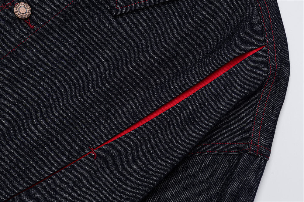 Men's Dark Indigo Denim Jacket with Red Contrast Seam Detail